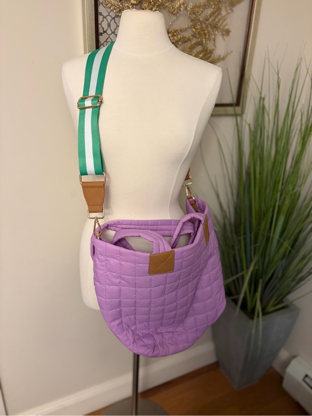 Quilted Lavender Women’s Crossbody Tote Bag with Green Stripe Strap